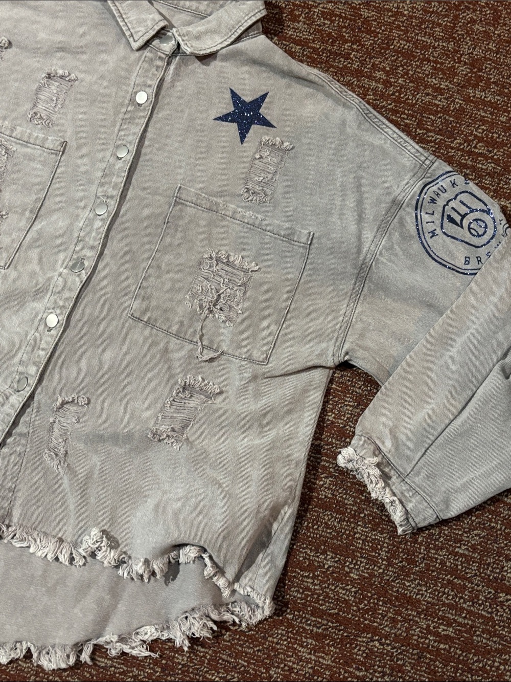 Tiny Turnip Milwaukee brewers sparkle slouchy distressed frayed button down S - Picture 3 of 15